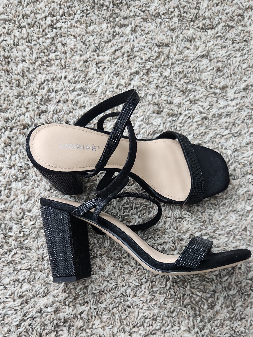 Maripe Black Strappy Block Heels with Sparkle